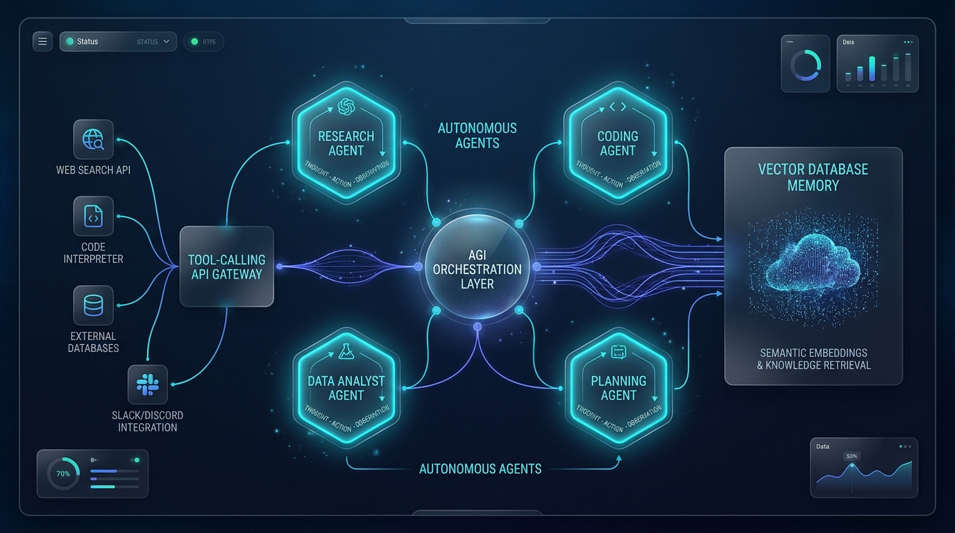 Custom autonomous AI multi-agent orchestration architecture diagram showing tool calling and vector database memory