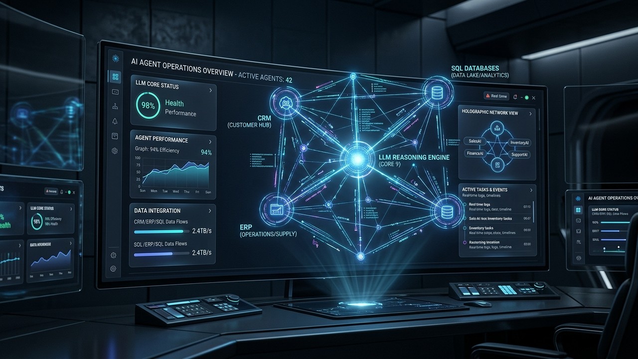AI agents for business operations overview showing reasoning engine, tool calling, and enterprise data connections