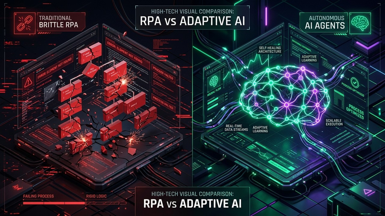 Visual comparison showing brittle traditional RPA vs adaptive autonomous AI agents