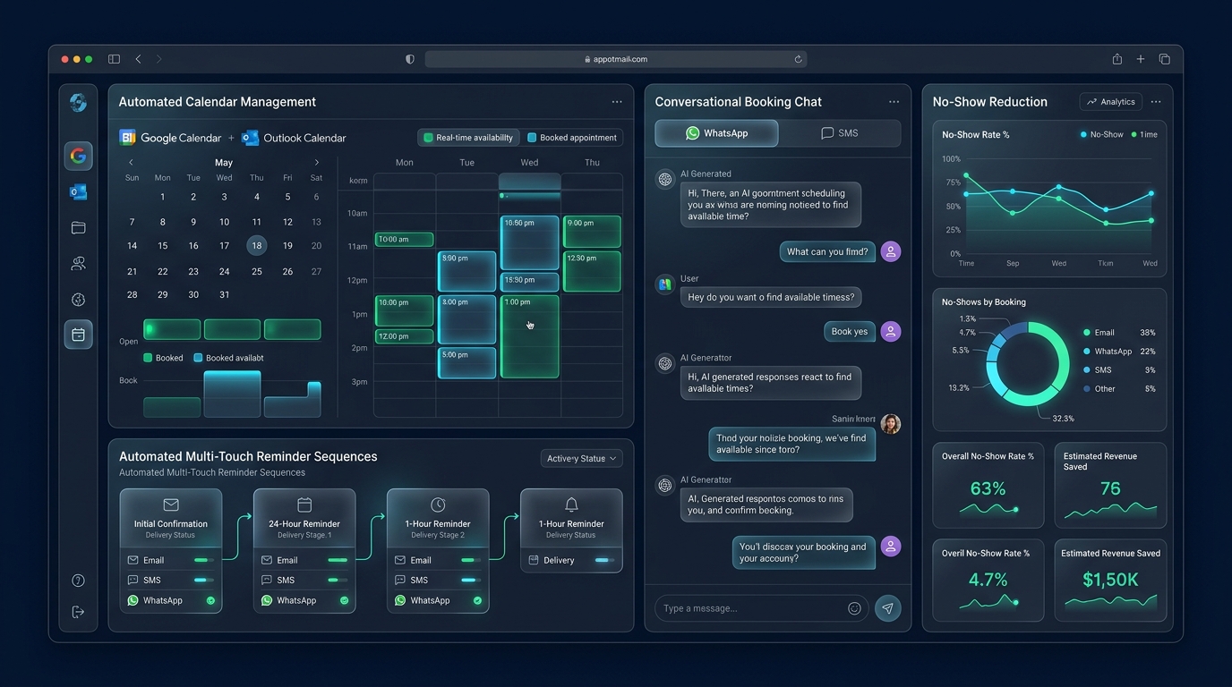 AI appointment scheduling software and automated calendar booking assistant interface showing real-time slot optimization and SMS reminders