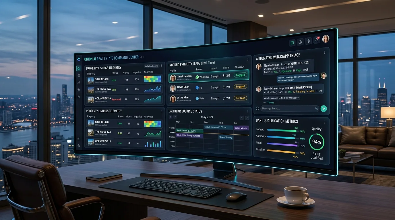 AI automation for real estate dashboard showing real-time inbound portal webhook triage, automated WhatsApp lead qualification, and CRM synchronization