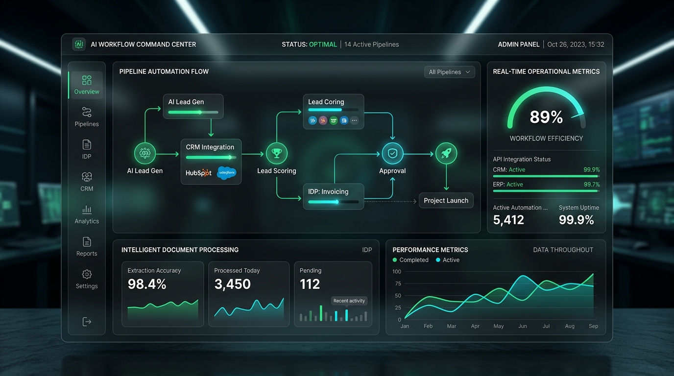 AI automation agency end-to-end business process workflow automation pipeline and CRM integration dashboard