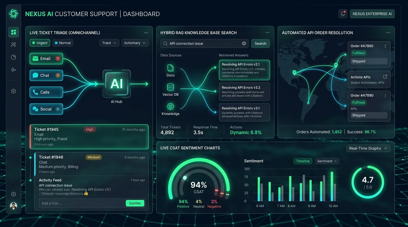 AI customer support helpdesk automation resolving tickets with hybrid RAG vector search