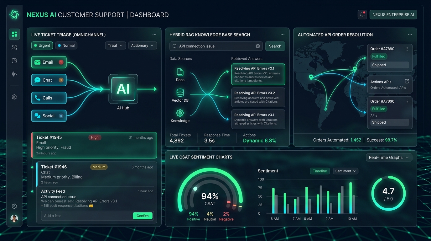 AI customer support automation dashboard showing real-time hybrid RAG ticket resolution and multi-channel conversational helpdesk