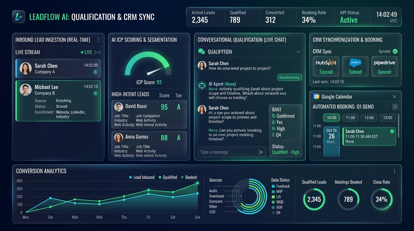 AI lead qualification and CRM synchronization dashboard interface showing real time lead ingestion and automated calendar booking