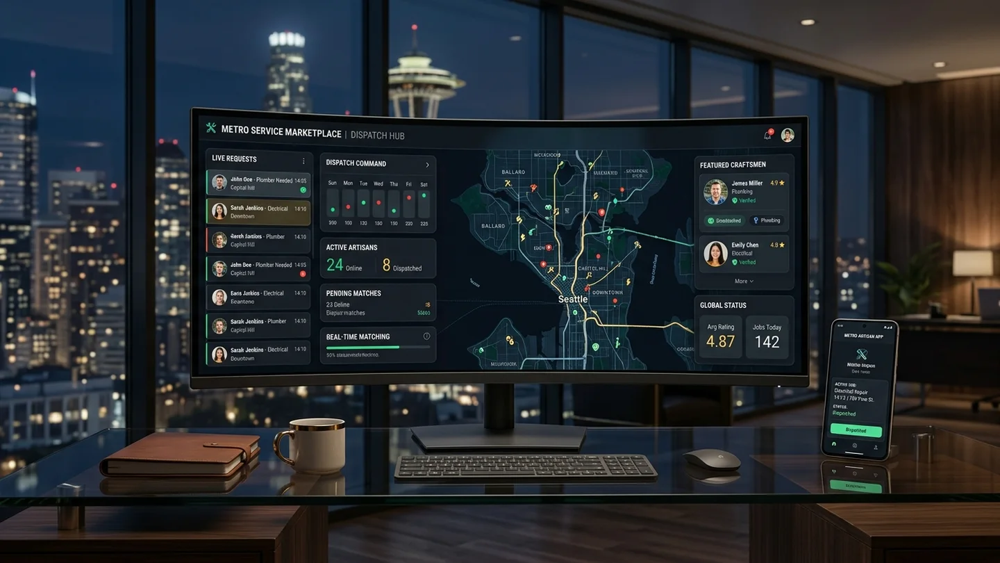 On-demand field services marketplace dispatch dashboard with real-time artisan locations, incoming service requests, and mobile app preview