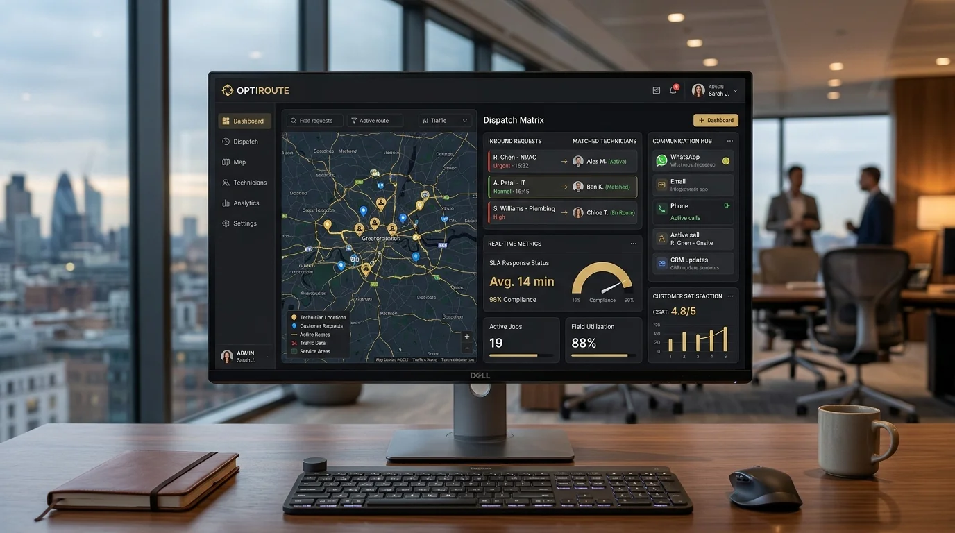 Desktop monitor displaying automated dispatch matrix with live route maps and multi-channel communication hub