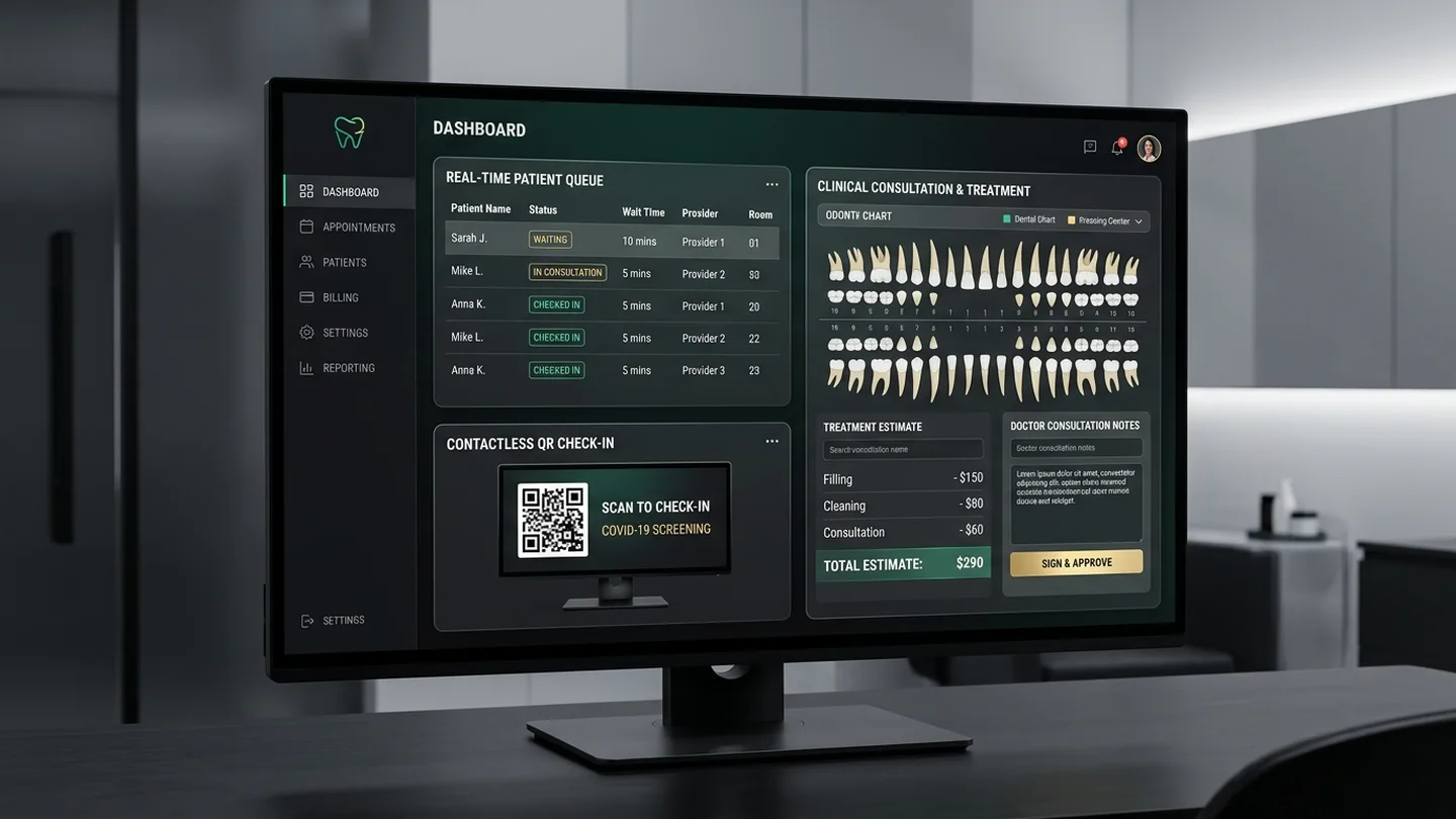 Clinical practice operations software dashboard showing real-time patient queue board, QR check-in status, and digital dental treatment chart