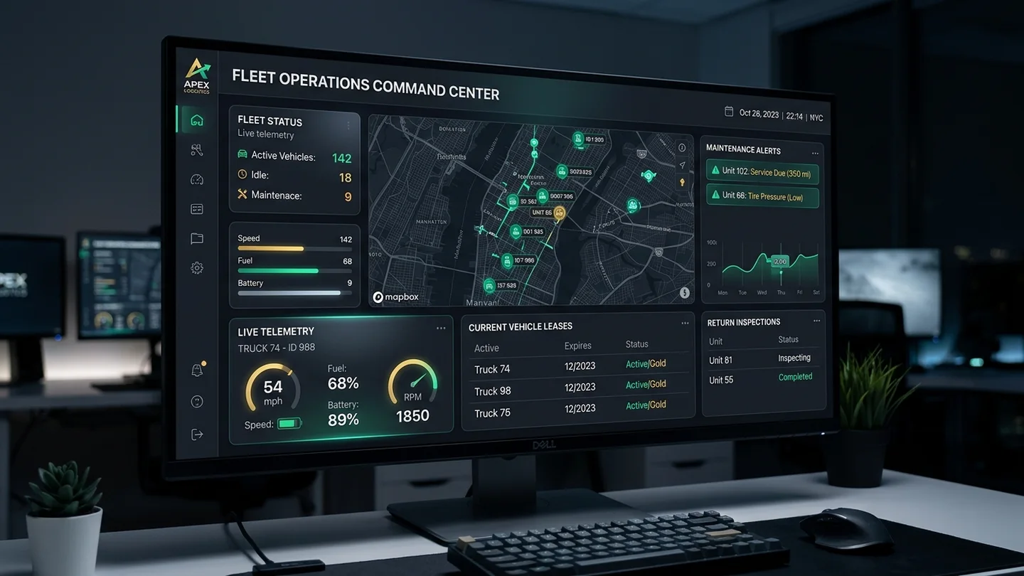 Commercial fleet operations command center displaying live GPS vehicle telemetry, active lease agreements, and automated maintenance alerts