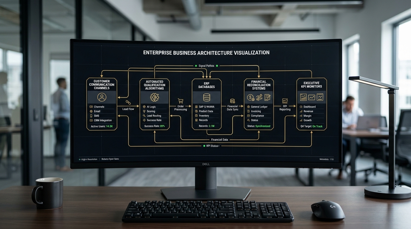 Visual business architecture node graph mapping multi-channel inputs into automated qualification and financial systems
