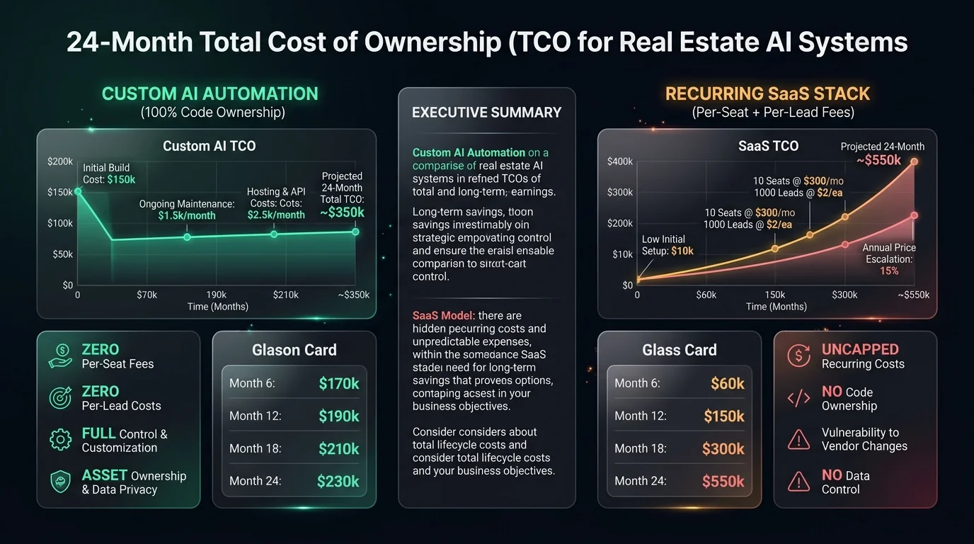 Total Cost of Ownership comparison matrix between custom AI automation for real estate and recurring per-seat SaaS subscription tools over 24 months