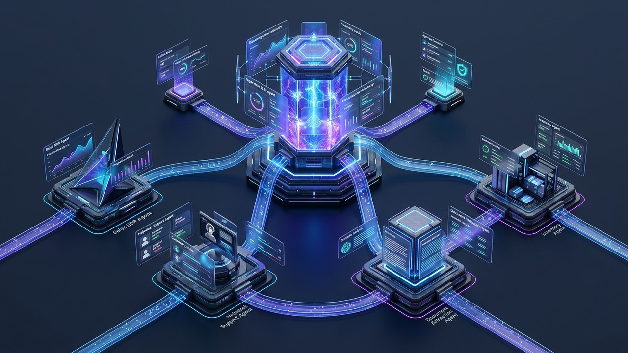 Enterprise multi-agent swarm architecture diagram dispatching tasks to specialized operational agents
