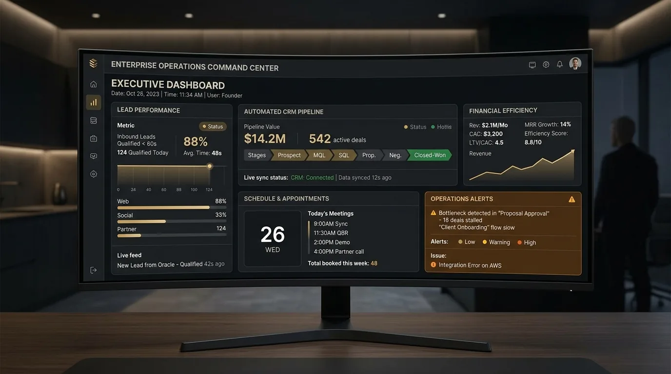 Executive operations command center dashboard showing live CRM pipeline, automated lead qualification, and real-time operational alerts