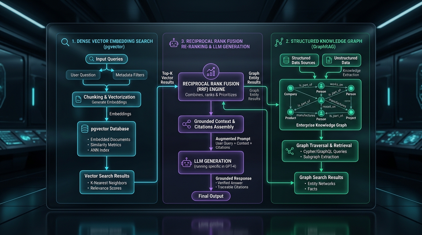 Hybrid RAG architecture diagram combining vector search and knowledge graphs