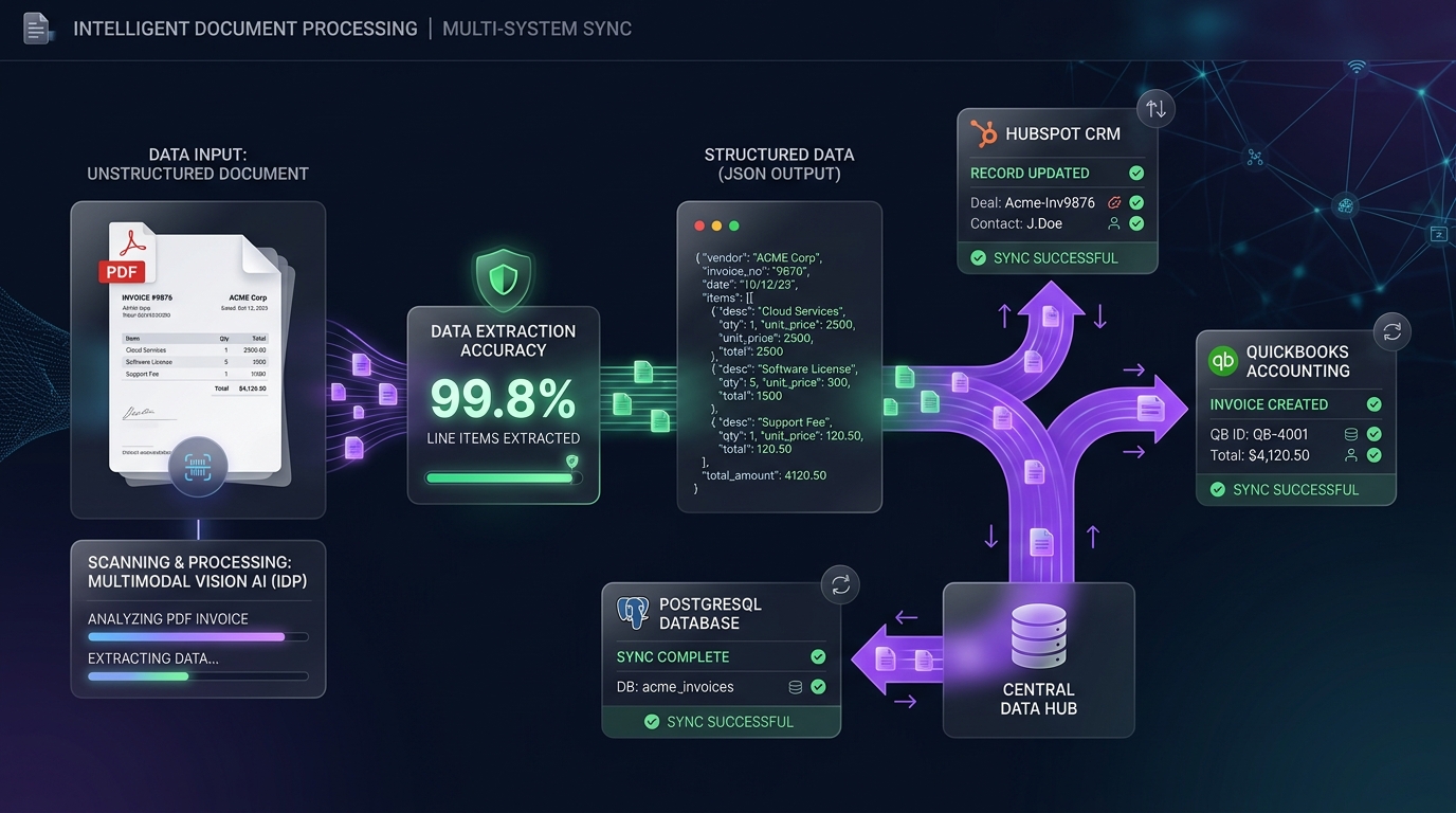 Intelligent document processing pipeline extracting invoice data to PostgreSQL, HubSpot CRM, and QuickBooks