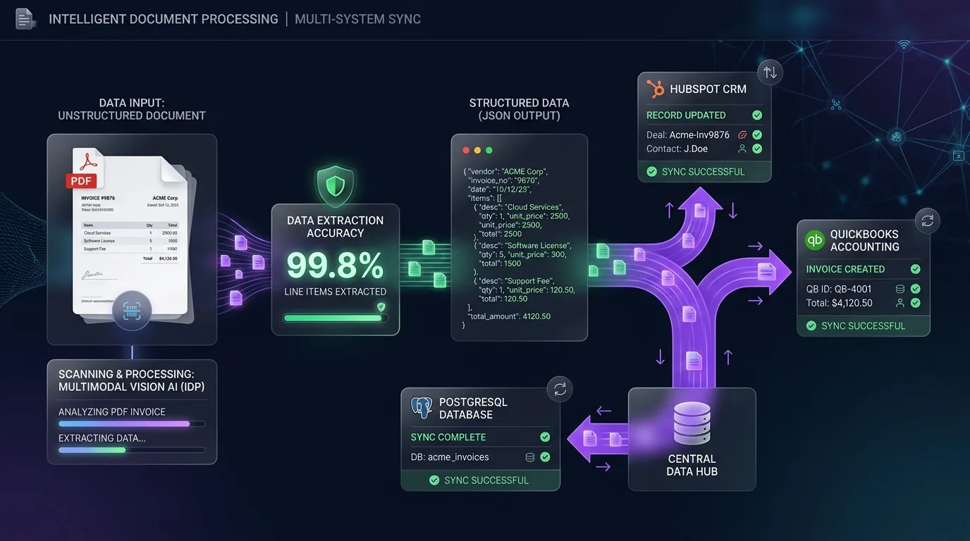 Intelligent document processing pipeline extracting invoice data to PostgreSQL, CRM, and QuickBooks