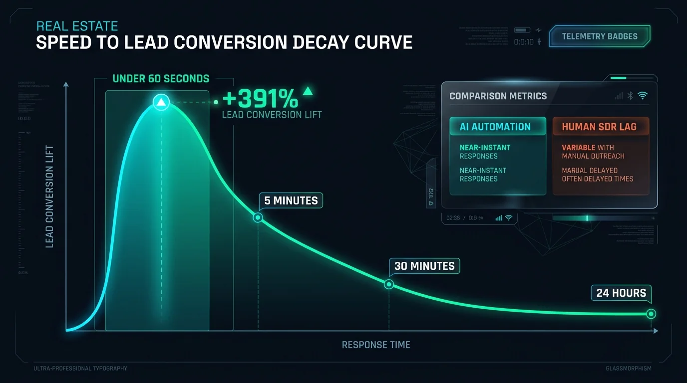 Lead conversion rate decay curve in real estate demonstrating 391% higher qualification rates when responding in under 60 seconds with AI automation