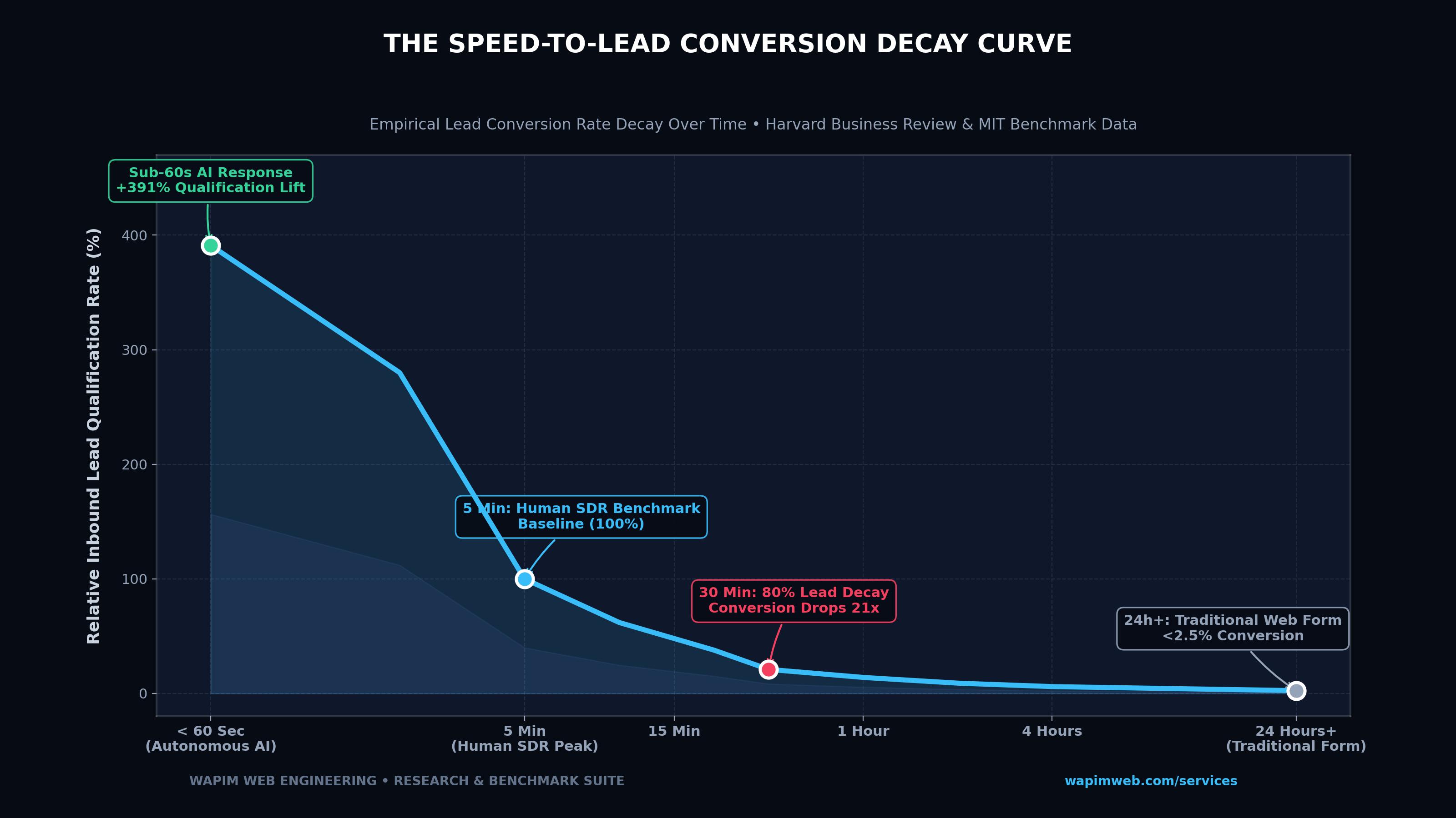 Speed to lead conversion decay curve comparing sub-60-second AI responses against 5-minute SDR benchmarks and 24-hour traditional web form decay