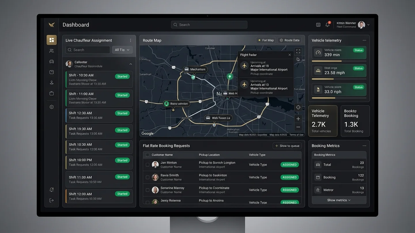 Luxury transportation booking dashboard showing interactive route map, airport flight radar tracking, and chauffeur dispatch schedule
